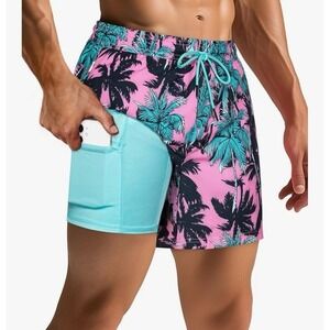 NWOT Mens Swim Trunks Tropical Palm Tree Pink Blue Liner Pockets Size XXL
